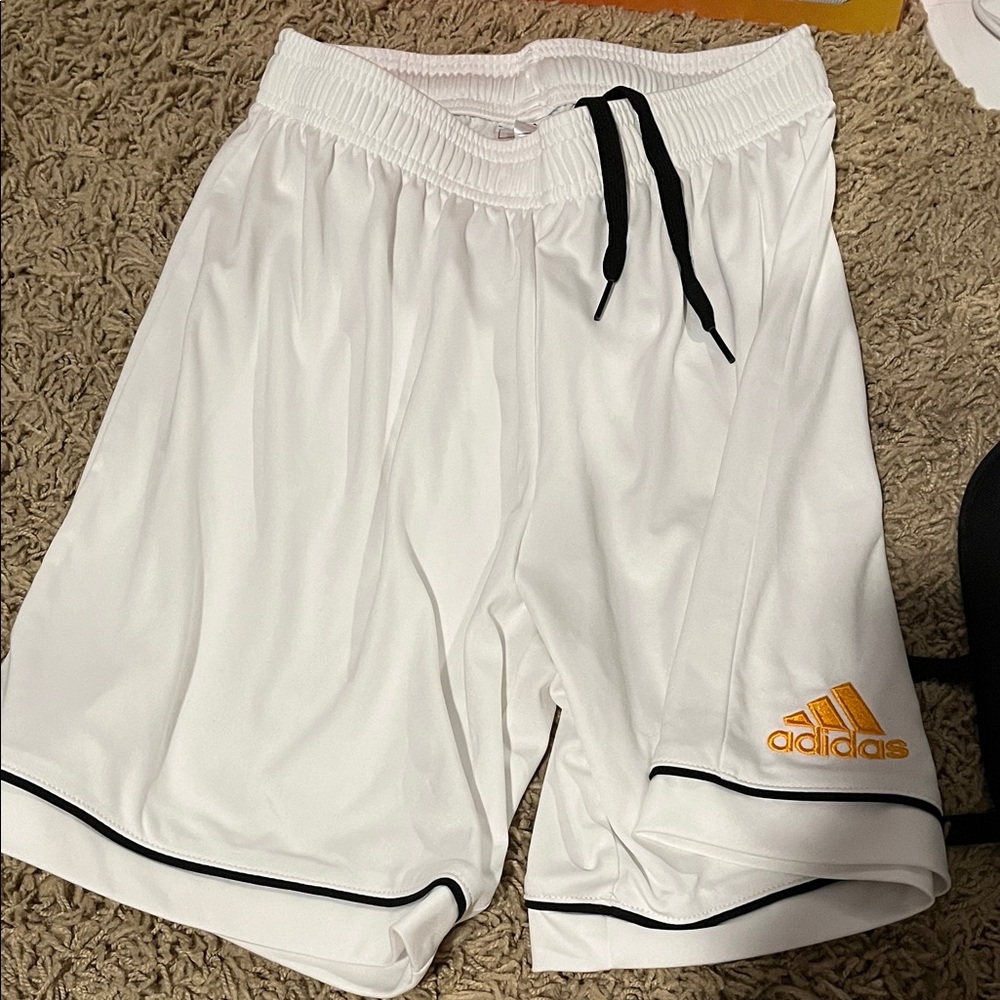 Adidas Men's White Soccer Shorts with Black and Gold Accents